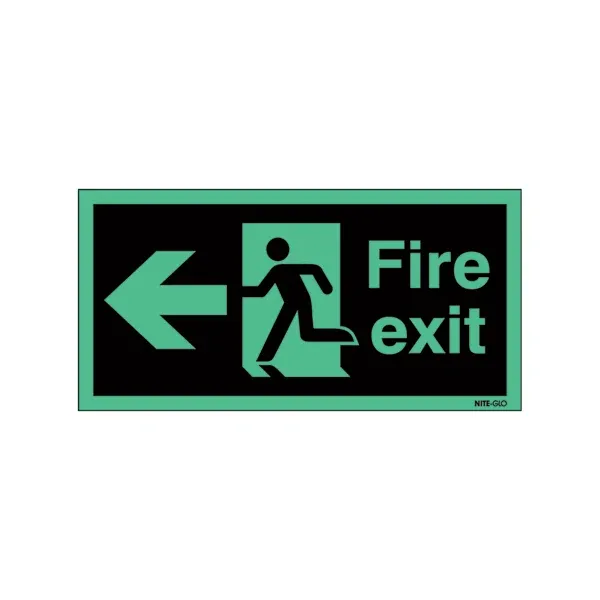 Safety Sign Niteglo Fire Exit Running Man Arrow Left 150x450mm Self-Adhesive NG27A/S