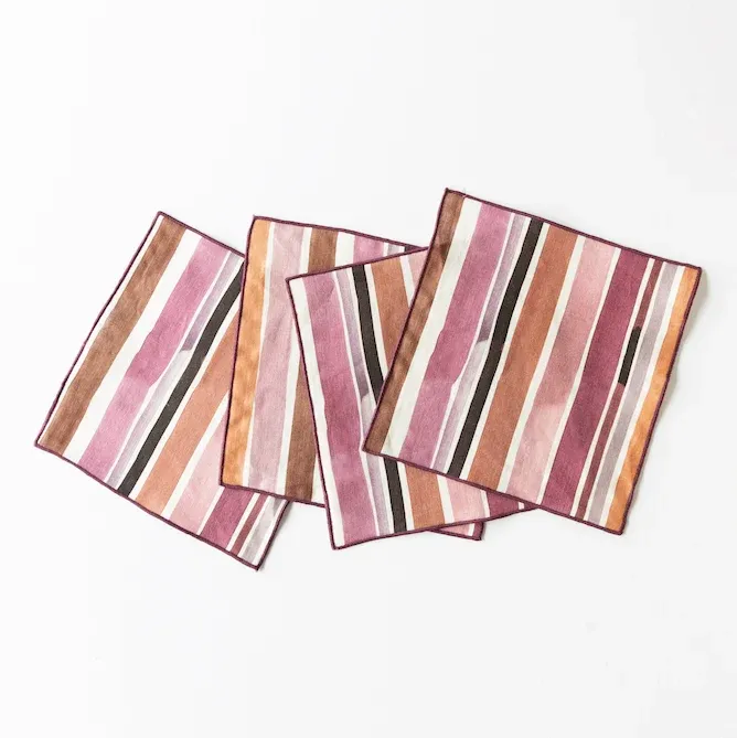 Lisbon Stripe linen cocktail napkins set of 4 in pink plum maroon and rust tones - Goldie Home