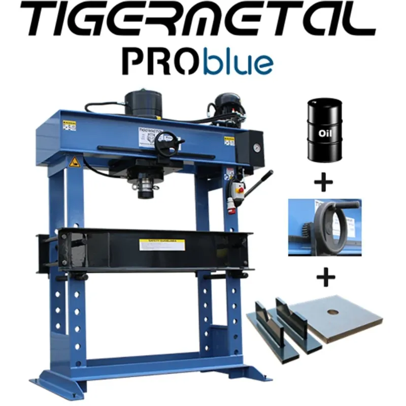 Tigermetal PROblue Set Hydraulische Werkstattpresse 150 Tonnen TMWH150K mit Handrad, Hydrauliköl, Massive Auflageplatte, 1 Paar Prismenblöcke - TM00003