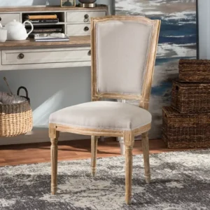 Baxton Studio Cadencia French Vintage Cottage Weathered Oak Finish Wood and Beige Fabric Upholstered Dining Side Chair | Modishstore | Dining Chairs