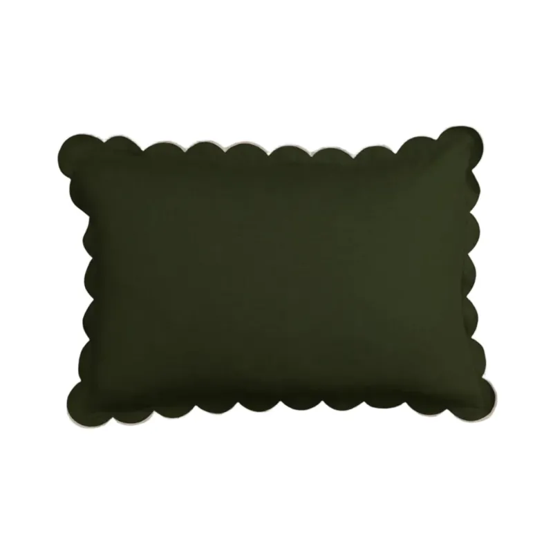 Scalloped Rectangular Linen Cushion in Forest Green & White