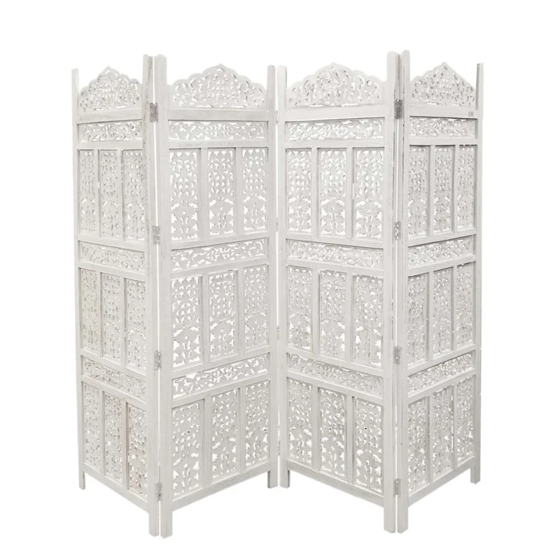 Aesthetically Carved 4 Panel Wooden Partition Screen/Room Divider, Distressed White By Benzara | Room Divider | Modishstore