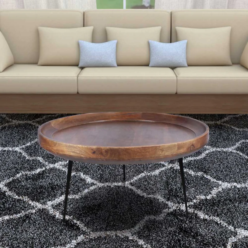 Round Mango Wood Coffee Table With Splayed Metal Legs, Brown And Black By Benzara | Coffee Tables | Modishstore