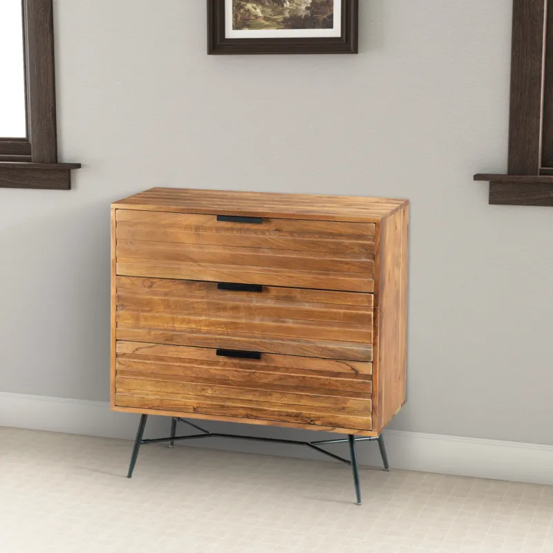 3 Drawer Wooden Chest With Slanted Metal Base, Brown And Black By Benzara | Cabinets | Modishstore