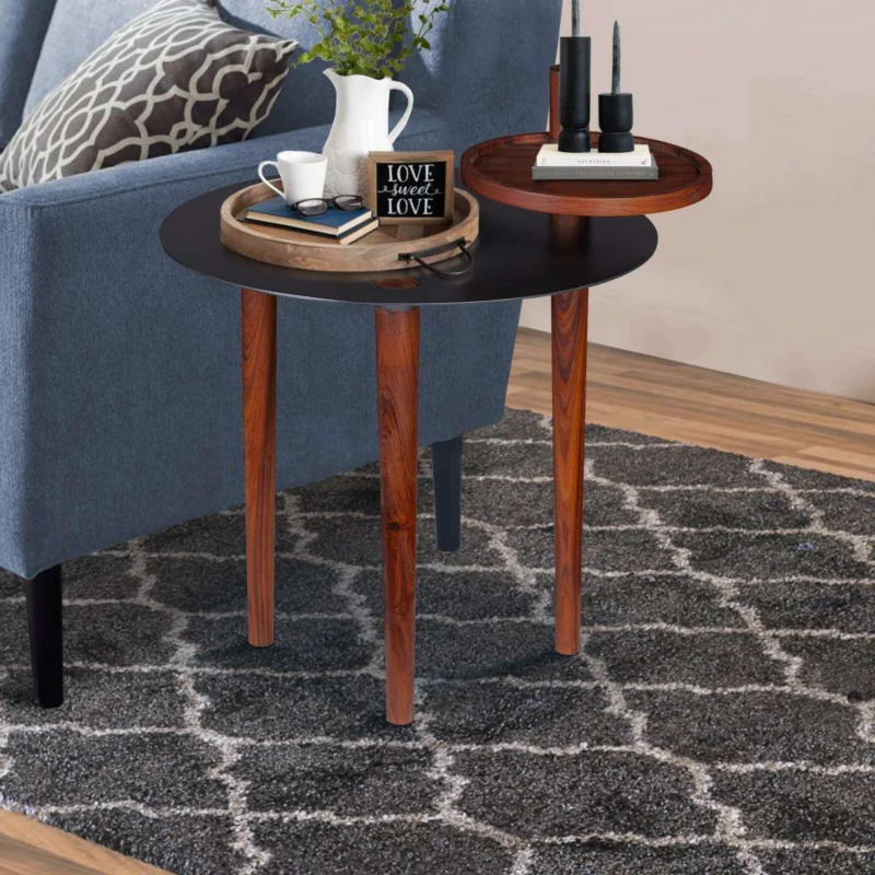 Round Metal Top Side Table With Rotatable Tray And Tripod Legs, Brown And Black By Benzara | End Tables | Modishstore