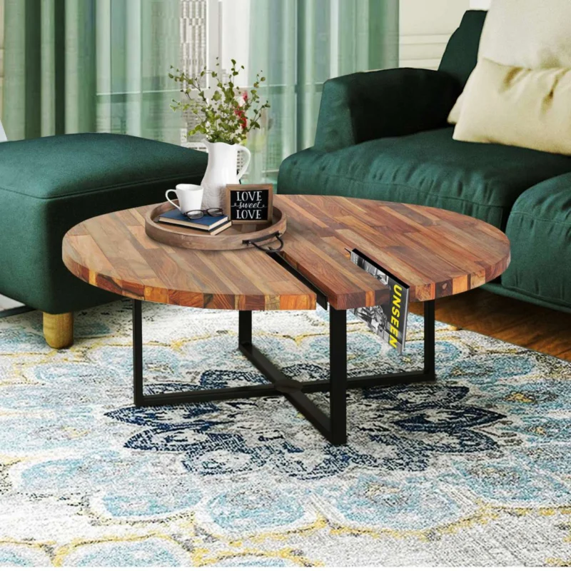 36 Inches Round Wooden Top Coffee Table With Metal Base, Brown And Black By Benzara | Coffee Tables | Modishstore