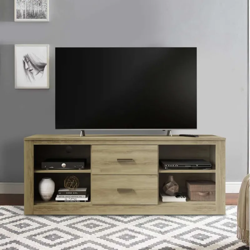 59 Inch Wooden Tv Stand With 2 Drawers And 4 Open Compartments, Oak Brown By Benzara | TV Stands | Modishstore