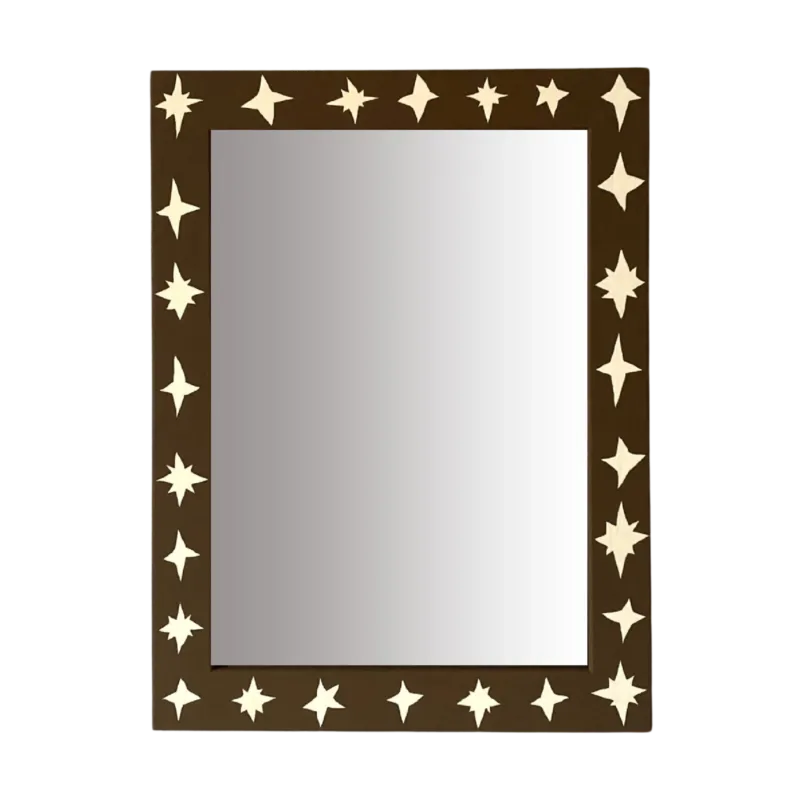 Rectangular mirror with star-shaped cutouts on a brown frame against a white background