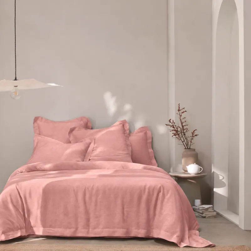 Housse de couette en lin à bords ajouré Vieux Rose