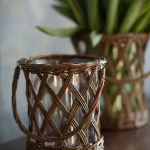 Vagabond Vintage Thick Glass and Wicker Vase with Handle | Modishstore | Vases