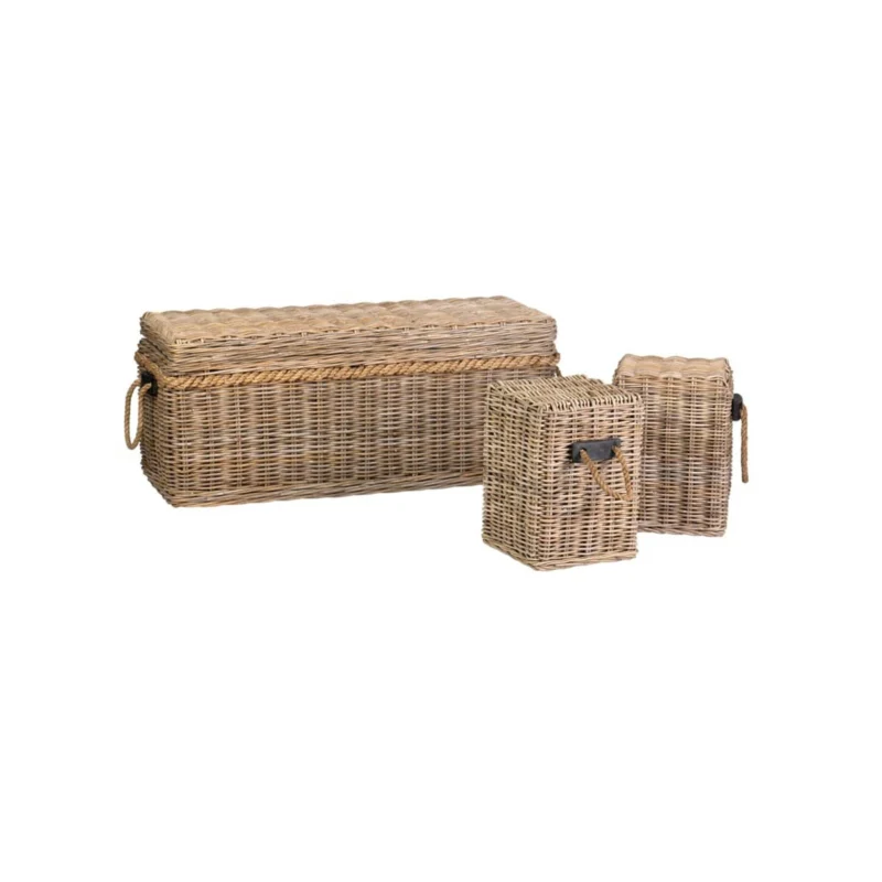 Sabrina Rattan Bench with Storage and 2 Square Stools by Jeffan | Bins, Baskets & Buckets | Modishstore
