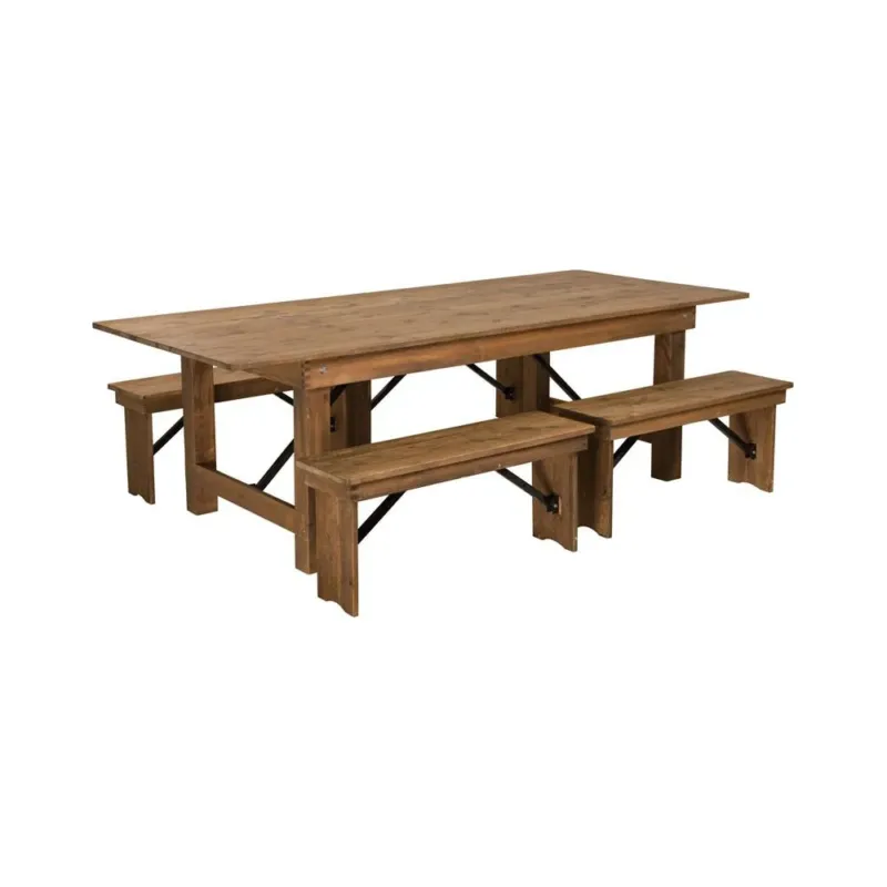 Flash Furniture Hercules Series 8 X 40 Antique Rustic Folding Farm Table And 4 Bench Set | Dining Sets | Modishstore - 1