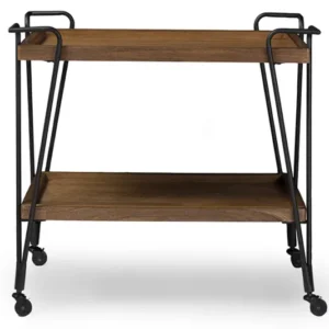 Baxton Studio Jessica Rustic Industrial Style Antique Black Textured Finish Metal Distressed Ash Wood Mobile Serving Bar Cart | Modishstore | Bar Carts