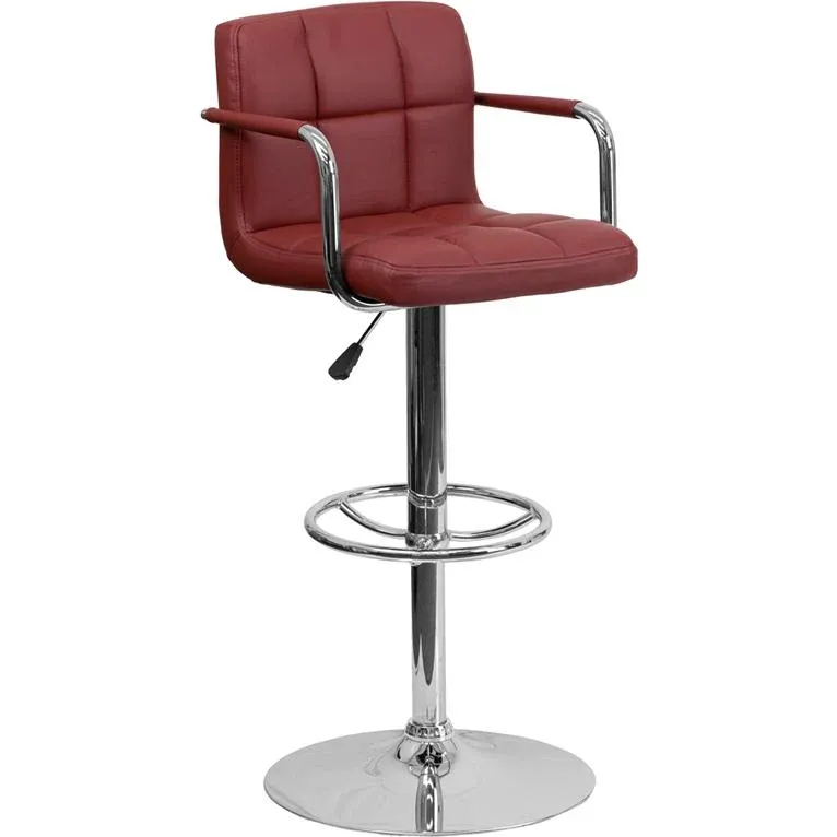 Contemporary Burgundy Quilted Vinyl Adjustable Height Barstool With Arms And Chrome Base By Flash Furniture | Bar Stools | Modishstore - 1