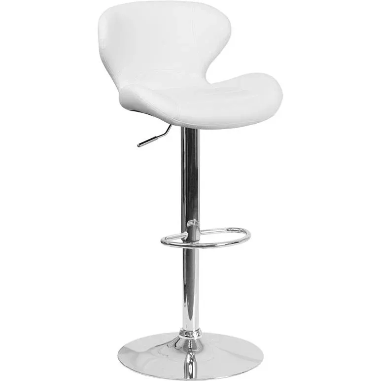 Contemporary White Vinyl Adjustable Height Barstool With Curved Back And Chrome Base By Flash Furniture | Bar Stools | Modishstore - 1