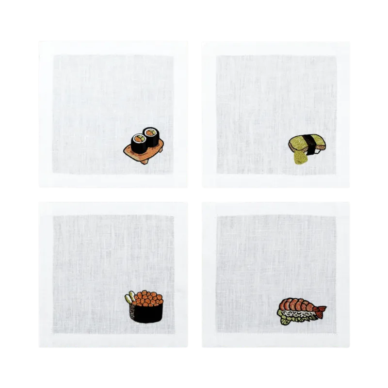 Hand Embroidered Sushi Cocktail Napkins 6" x 6" (Set of 4)