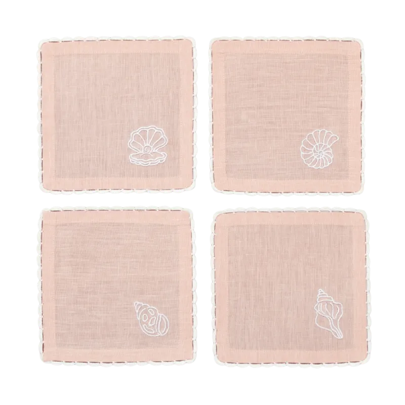 Hand Embroidered Seashell Glow Cocktail Napkins 6" x 6" (Set of 4)