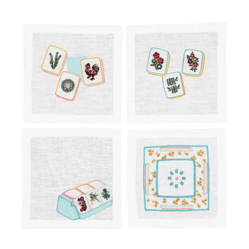 Hand Embroidered Mahjong Cocktail Napkins 6" x 6" (Set of 4)