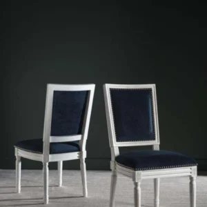 Safavieh Buchanan 19''H French Brasserie Velvet Rect Side Chair Set Of 2 - Silver Nail Heads Navy Velvet | Dining Chairs | Modishstore