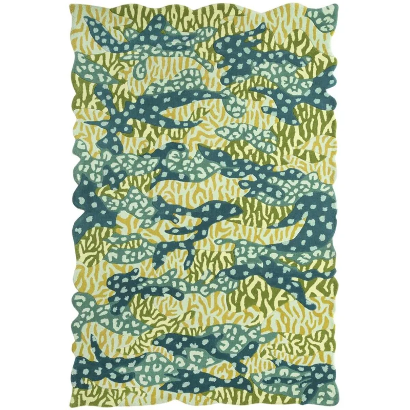 Green Big Cat Camo Rug hand tufted with camouflage and animal prints for a modern statement rug.