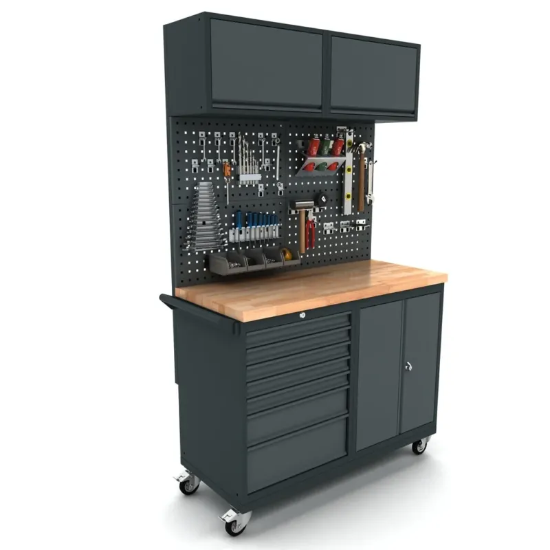 TOOLBOX4YOU Bullram Werkbank mobil Türen 7 Schubladenschrank inkl. Werkzeugwand und Oberschrank – WBG124M18