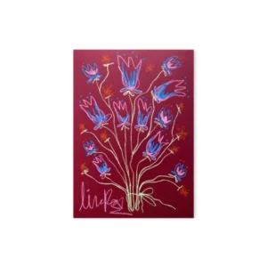 Pink and blue flowers on dark red background | Original painting 50x70cm