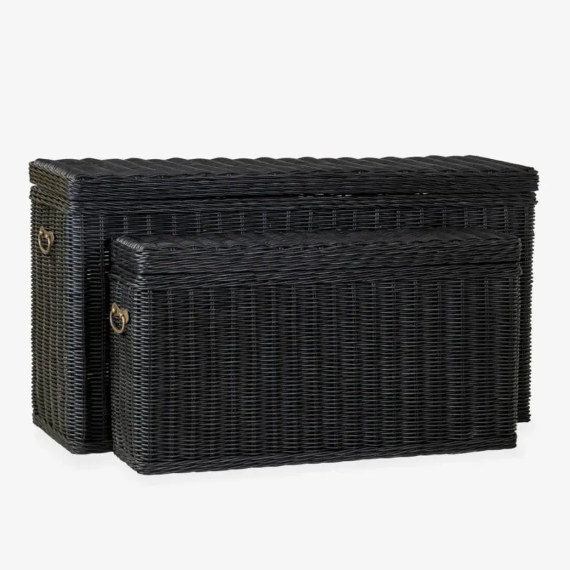 Winslow Woven Rattan Storage Console, Black - Set of 2 by Jeffan | Bins, Baskets & Buckets | Modishstore